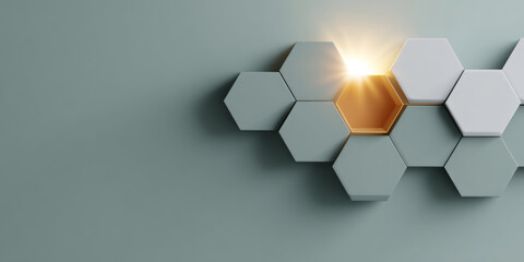 Abstract geometric composition of hexagonal tiles with one glowing golden tile among matte gray and white tiles on a muted background