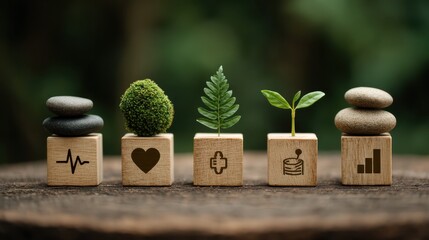 Achieving holistic wellbeing, balance of life essentials with heart, mind, home, and financial stability icons symbolizing growth and integration