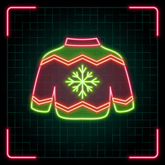 Sweater neon icon illustration, Christmas vector symbol collection, cyber neon visual, glowing borders frames.