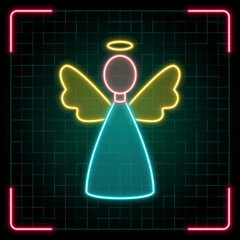 Angel icon illustration, Christmas vector symbol collection, cyber neon visual, glowing borders frames.