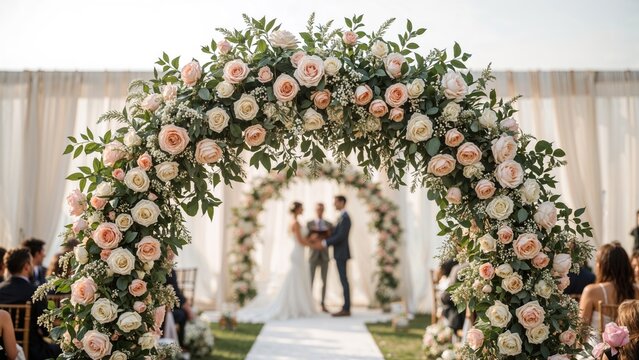 A wedding ceremony under a large floral arch with roses and greenery, with the bride and groom exchanging vows in front of guests. - Powered by Adobe