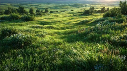 Lush Green grass field in a clearing with trees in the background at midday provides a tranquil view of nature and a peaceful outdoor setting