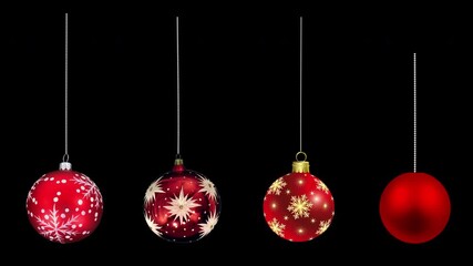 Various red baubles ornament decoration animation for editing on alpha channel transparent background