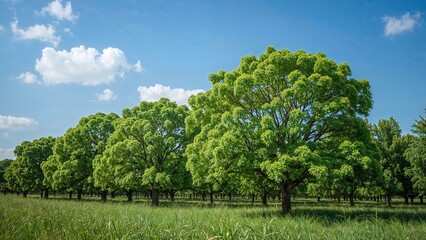 Obraz premium A row of lush green trees in a field under a blue sky with clouds.