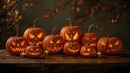 Fototapeta premium Pumpkins with carved faces glowing, Halloween jack-o'-lanterns, and candles on a wooden surface. Autumn decoration and festive atmosphere for Halloween.