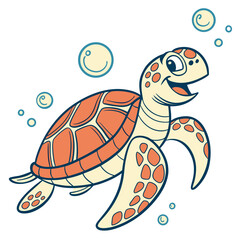 Playful Sea Turtle Cartoon with Bubbles on White Background