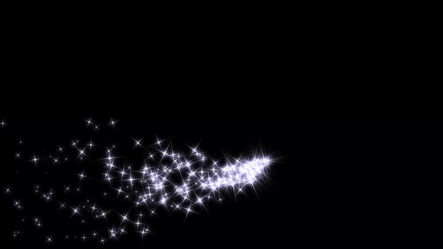 Luxury white glitter sparkle stars line trail, fast line glitter motion, White glowing twinkling glitter star, magic dust, pixie dust path, magic sparkles glitter line stars on black screen. 4k video