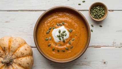A bowl of pumpkin soup with cream and pumpkin seeds, accompanied by a pumpkin and a small bowl of seeds on a wooden surface.
