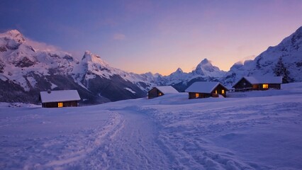 Snow-covered alpine village at dusk with warm lights shining from cozy cabins in the remote mountains