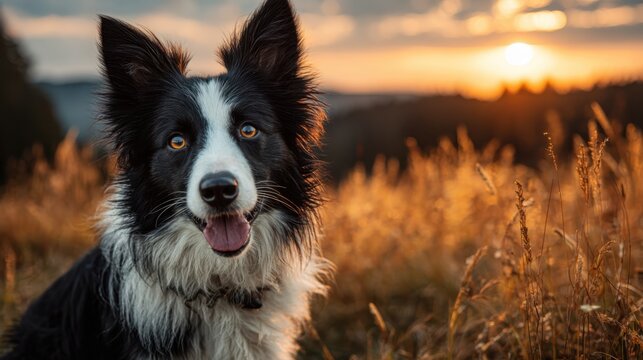 Happy Border Collie portrait in Sunlight, forest backdrop shows off its unique markings and joyful expression