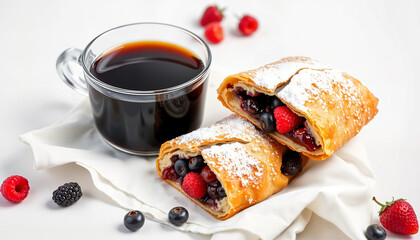 A golden-brown strudel with berry filling on a white linen napkin, served with a cup of black coffee. A rustic breakfast.
