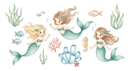 Obraz premium Charming Trio of Mermaids Swimming Among Sea Life and Coral Reefs in an Underwater Scene