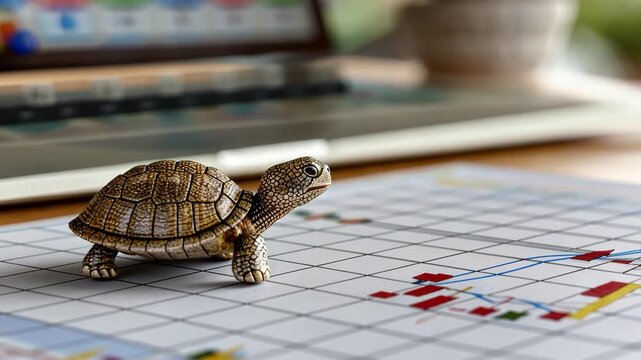 A small turtle wanders across a detailed chart, illustrating a blend of nature and analytical work in a lively environment