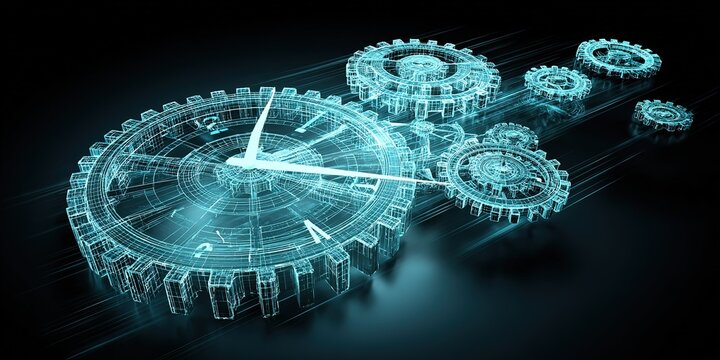 Digital gears and clock representation showing the concept of time and mechanics in a futuristic design