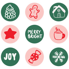 Cute flat Christmas icon set featuring hand-drawn holiday symbols in green and pink circles. Includes tree, gingerbread, house, candy, snowflake, cocoa, star and festive lettering. Ideal for stickers,