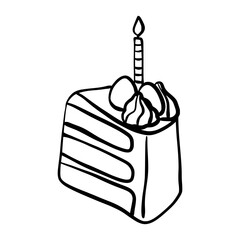 Simple line art illustration of a cake slice with candle. Perfect for birthday cards, bakery designs, stickers, coloring pages, menus, celebration graphics and minimalist projects.