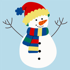 Cute flat snowman illustration with colorful hat and scarf. Festive winter character perfect for Christmas cards, posters, stickers, childrens projects and holiday design