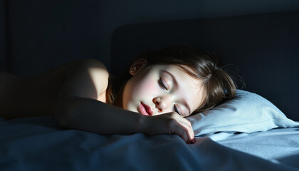 Sleeping little girl in a cozy bedroom illuminated by soft light. Concept of rest and healthy sleep.