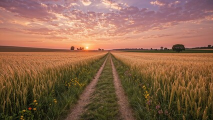 Fototapeta premium Sunset over a wheat field with dirt path, rural landscape, landscape, nature, and sunset scenery.