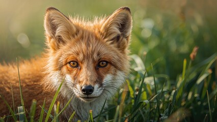 Obraz premium A fox resting among tall green grass in a natural setting with a blurred background. Wildlife and nature scene. The fox's alert eyes and fur pattern highlight the wildlife theme.