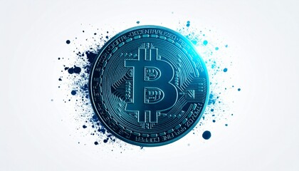 Bitcoin coin design with blue splashes highlighting digital currency trend and influence