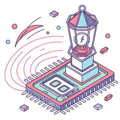 Naklejka premium Isometric Microchip with Lantern and Energy Waves Keywords: microchip, computer chip, processor