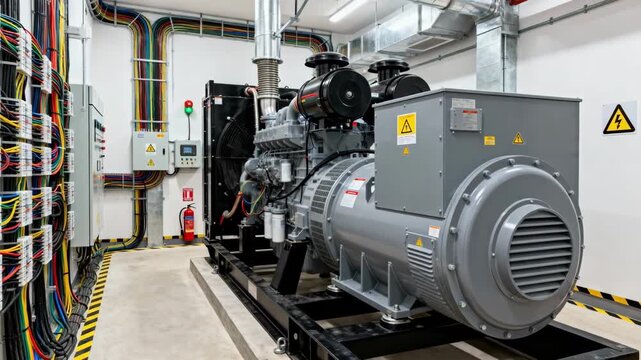 Industrial generator with extensive organized wiring in a controlled environment highlighting safety and efficiency in managing largescale remote power systems.
