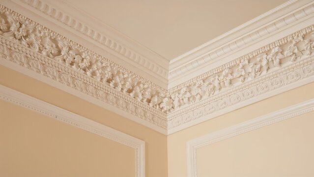 Decorative ceiling cornice with detailed molding and ornate design in a classic interior setting.