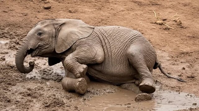 Playful Baby Elephant Enjoying Mud Bath: A Heartwarming Moment of Wild Animal Life