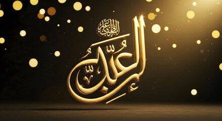 Golden arabic calligraphy art with bokeh lights on a dark background for islamic celebrations