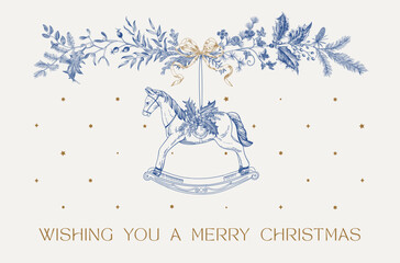 Greeting card. Floral winter garland and toy horse. Vintage christmas botanical illustration. Blue and white
