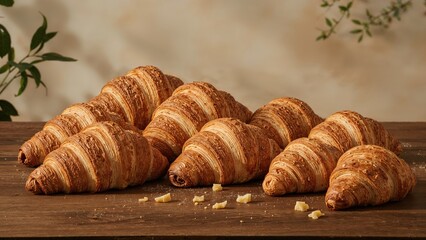 Fresh croissants on a wooden surface with some crumbs, arranged for display. Bakery and pastry, concept. Delicious baked goods and breakfast items. The concept of breakfast and baked pastries.