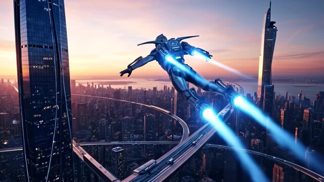 Futuristic jetpack-equipped person flying high above a dense city skyline with skyscrapers and elevated highways at sunset