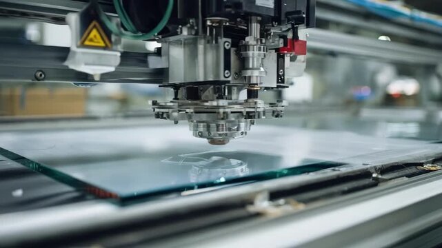 Medium shot focused on the precise machinery processing steelglass composites with anodizing treatments revealing the clear flawless finish of the hybrid layer.
