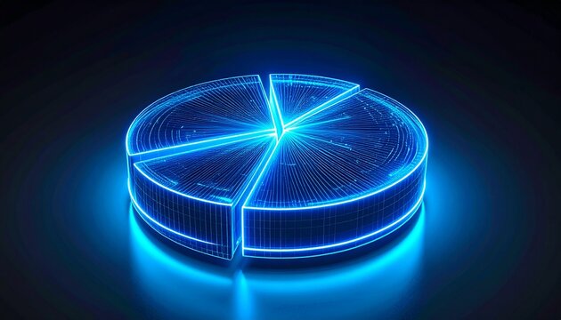Digital pie chart with glowing blue lines on a dark background representing data visualization and analysis