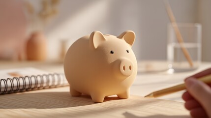 Oat-milk matte ceramic piggy bank on white oak desk, financial planning hand. Financial planning with a sleek matte oat-milk ceramic piggy bank. 