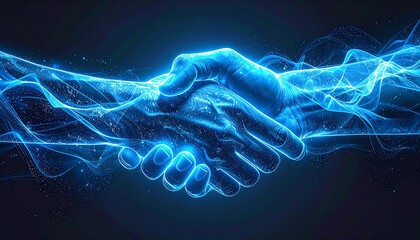 Hands meet in a glowing digital handshake symbolizing connection and partnership in a futuristic world