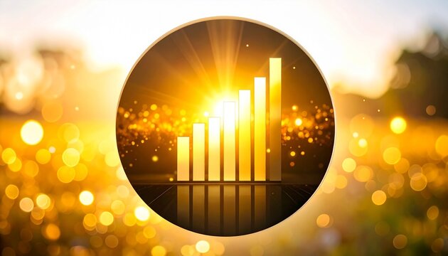 Growth and success symbol represented by a rising bar chart in a golden sunset scene