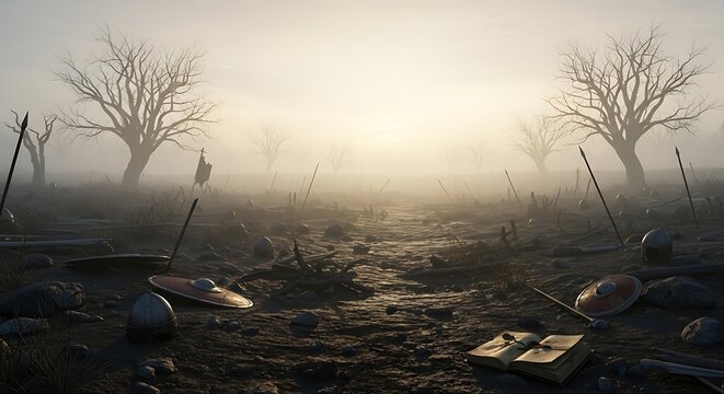 An eerie post-battle scene with scattered armor and weapons amidst barren trees and fog