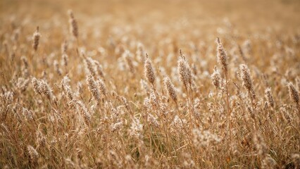 Fototapeta premium Field of tall, dry grasses in a golden landscape. Nature and environment, flora. The concept of grassland and natural scenery.