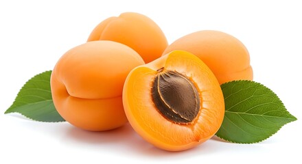 A group of fresh ripe orange apricots with vibrant green leaves, featuring one fruit sliced in half to reveal the seed, isolated on a white background