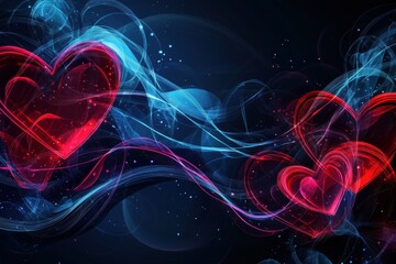 Frame, colorful abstract hearts with bright trails of light on a dark background creating a romantic atmosphere for special occasions. Concept of Saint Valentine Day and 8 Mart celebration.