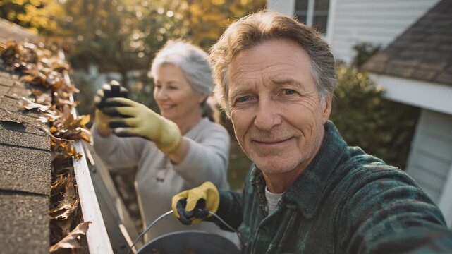 Senior couple cleaning gutter from leaves together. Elderly pair removing debris from roof drain. Mature retirees maintaining home drainage system. Active citizens doing autumn yard work.