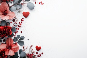 Frame, colorful floral arrangement with red hearts on a white background for romantic occasions. Concept of Saint Valentine Day and 8 Mart celebration.