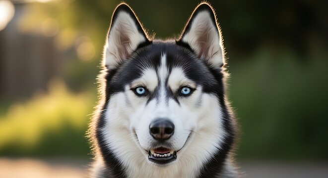 Captivating Portrait of a Siberian Husky with Striking Blue Eyes in Golden Hour Light