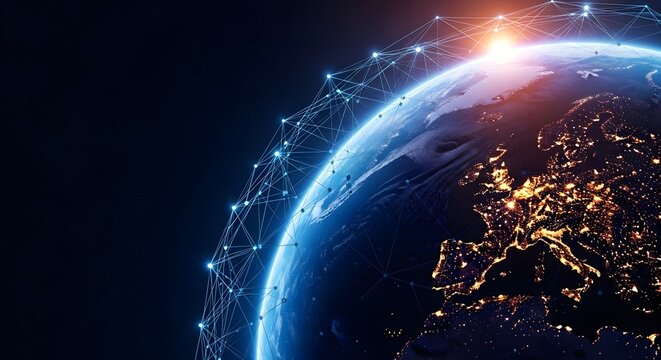 Global network connection around planet earth with city lights