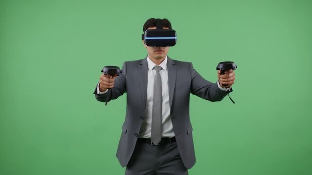 Immersed in Digital Realm: A sharply dressed individual, lost in the allure of virtual reality, gripping controllers with focused intent against a vibrant green backdrop.