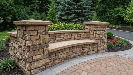 A stone bench with brick and stone pillars in a landscaped garden area.