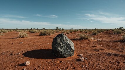 A lone black rock on the desert terrain with sparse vegetation and a partly cloudy sky.
