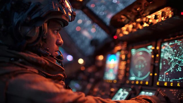Helicopter Pilot Focuses on Mission Inside Cockpit at Night, Navigating by Radar and Instruments with Intense Concentration